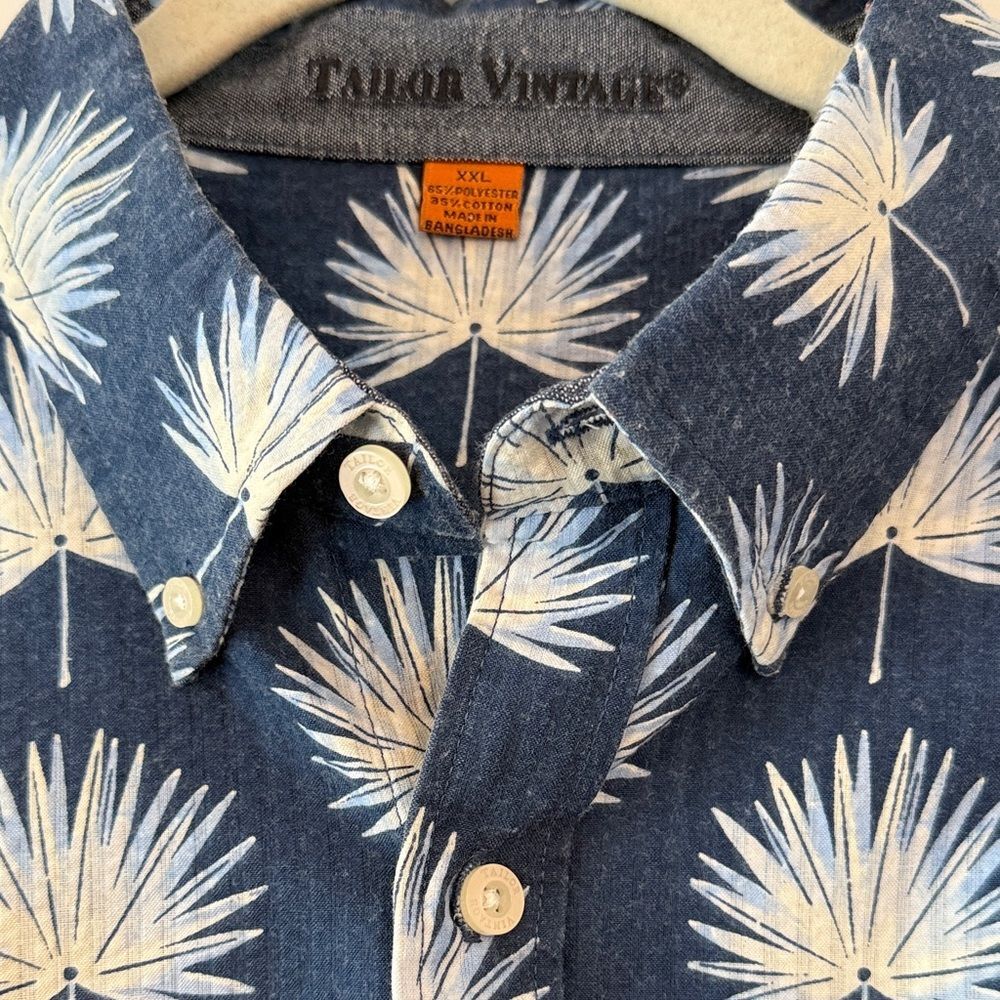 TAILOR VINTAGE BLUE WHITE PALM PRINT SEERSUCKER SHIRT MEN'S SIZE XXL TROPICAL